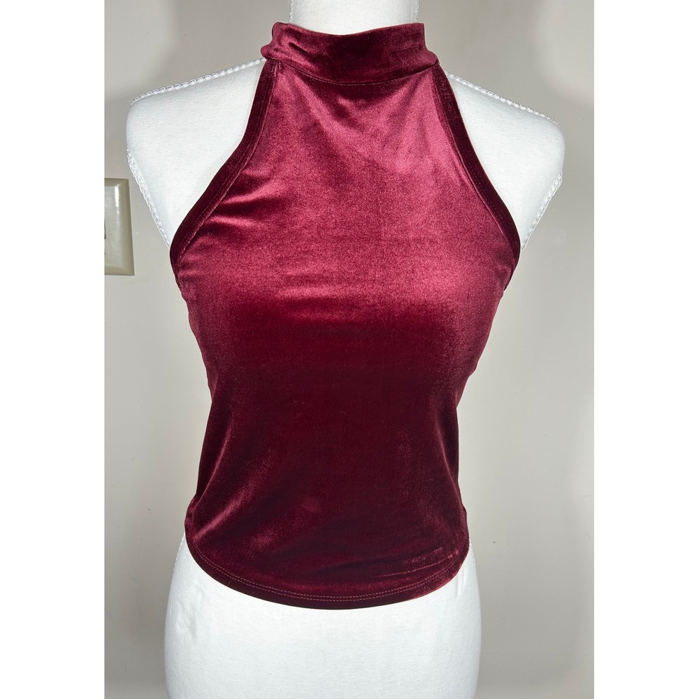 BOZZOLO Burgundy Velvet Mock Neck Halter‎ Crop Top Women's L Club Party Dainty